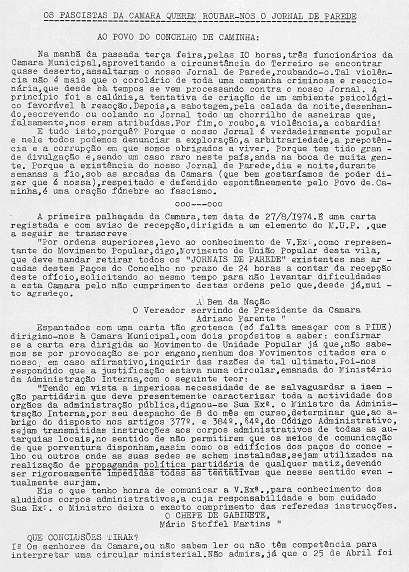 Comunicado do MUP apelando ao saneamento da C�mara