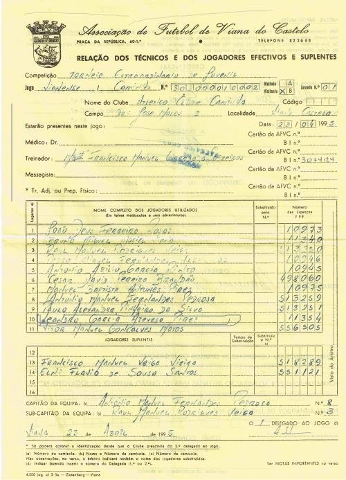 Primeira ficha de inscri��o de Leandro em jogos oficiais